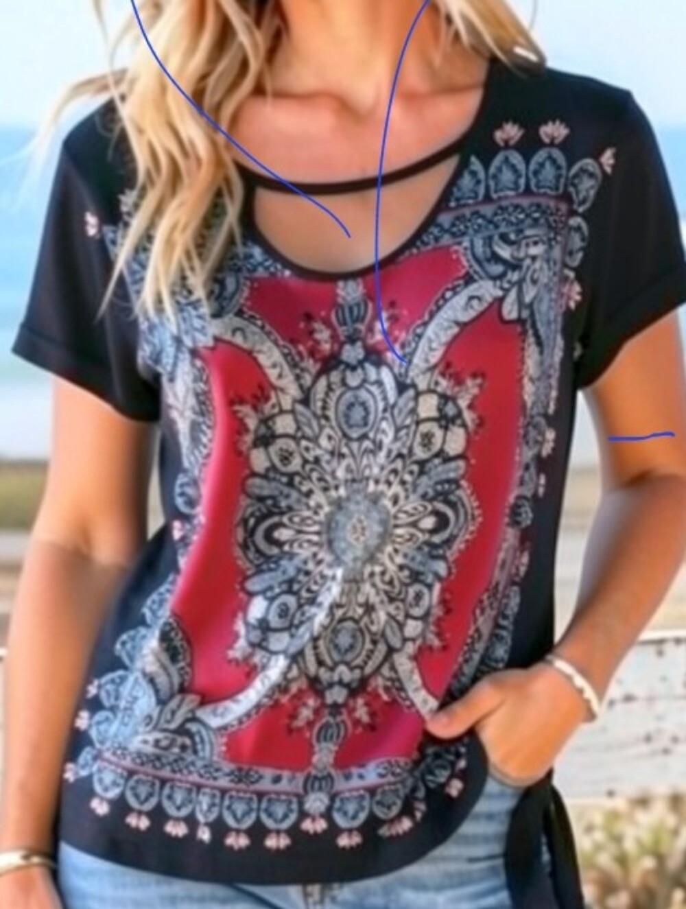 Perseption Black and Red Paisley Medallion Short-Sleeve Top. Size 3X